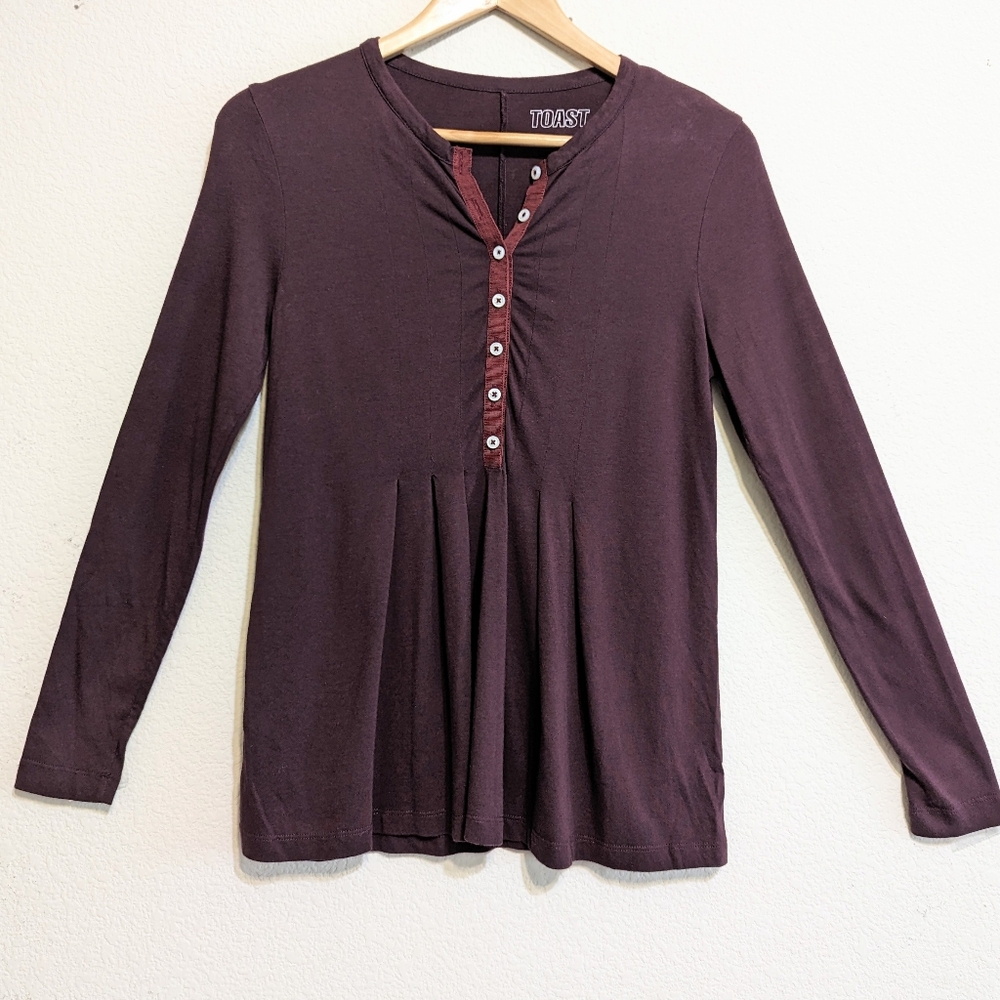Toast Womens Cotton-modal Burgundy Henley Style Top Shirt. Size 6